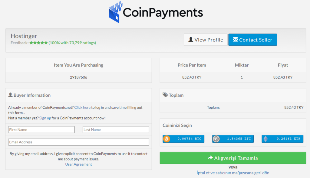 hostinger bitcoin ile siparis coinpayments sayfasi